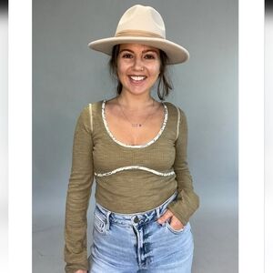 POL Olive Ribbed Long Sleeve Bodysuit